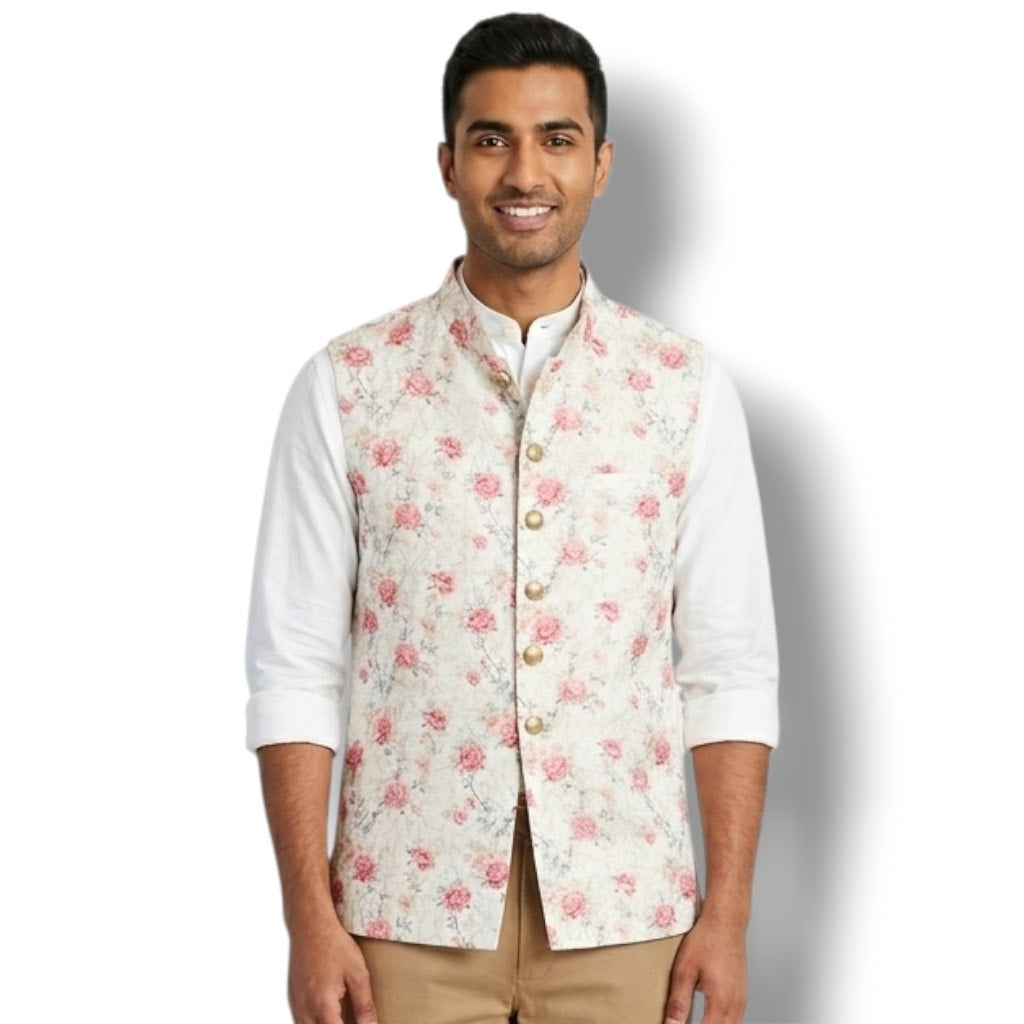 Manyavar men's Beige Jacket With Pink Floral Motifs
