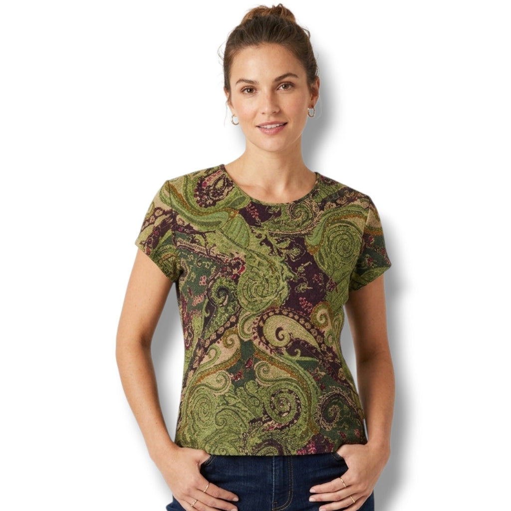 Koret Women's Large Green Purple Paisley Metallic Shimmer Short Sleeve Top