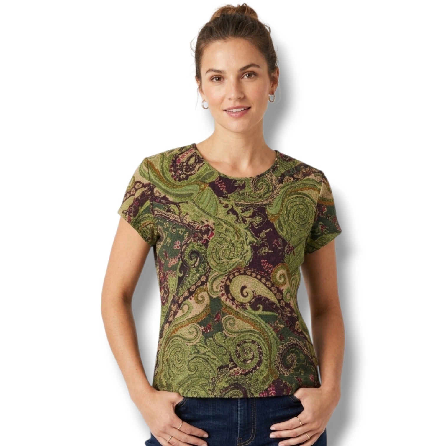 Koret Women's Large Green Purple Paisley Metallic Shimmer Short Sleeve Top