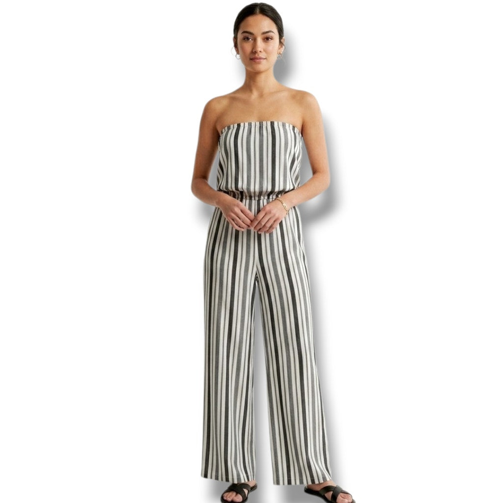 Lani Women’s Black & White Striped Strapless Wide-Leg Jumpsuit – Size Small