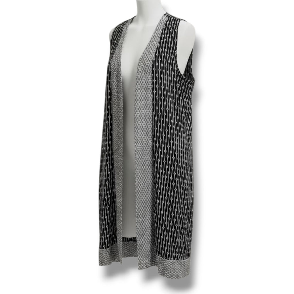 Chelsea & Theodore Women’s Black & White Geometric Open Front Long Vest – Size L
