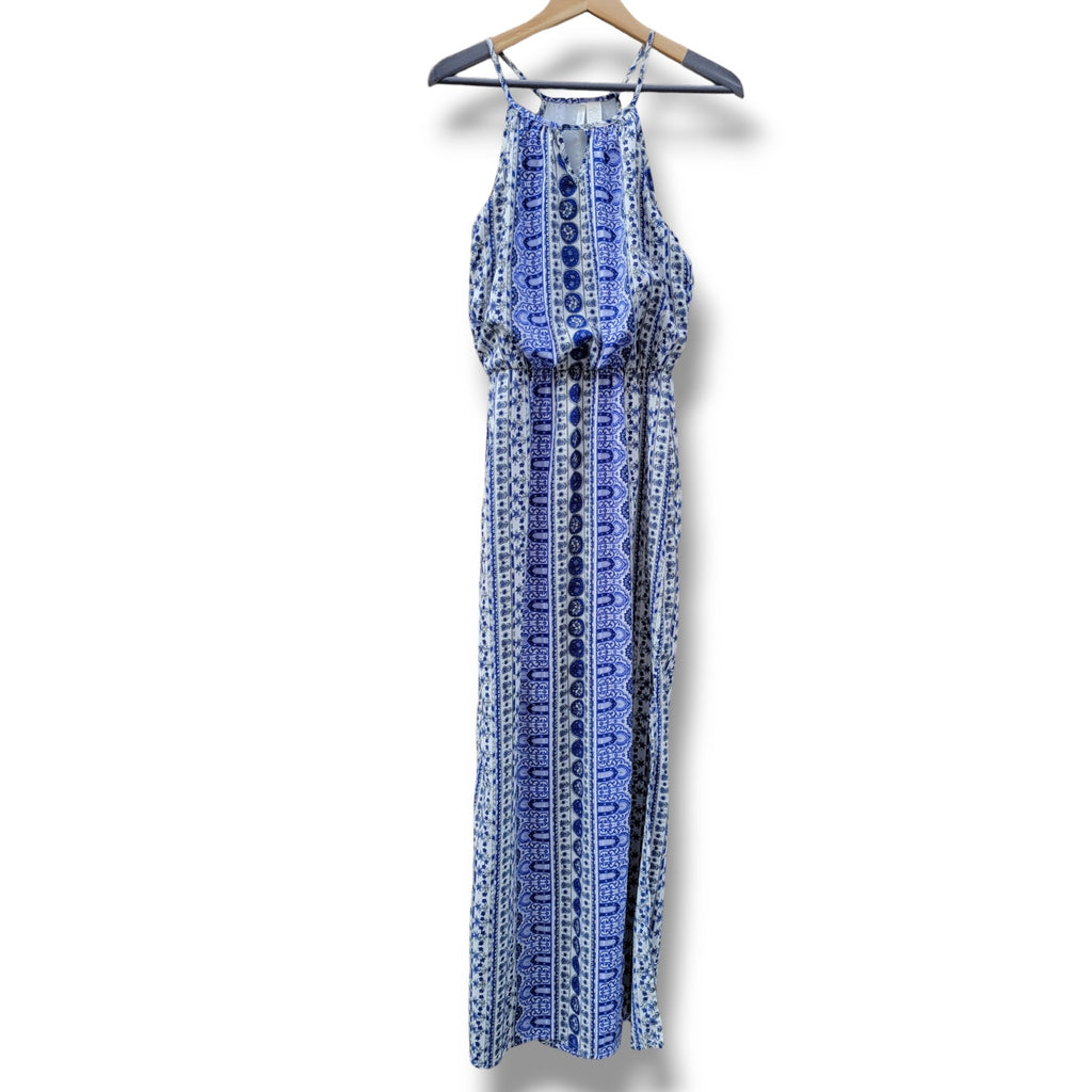 Japna Women’s Blue Multi-Print Sleeveless Maxi Dress with Keyhole Neckline – XS