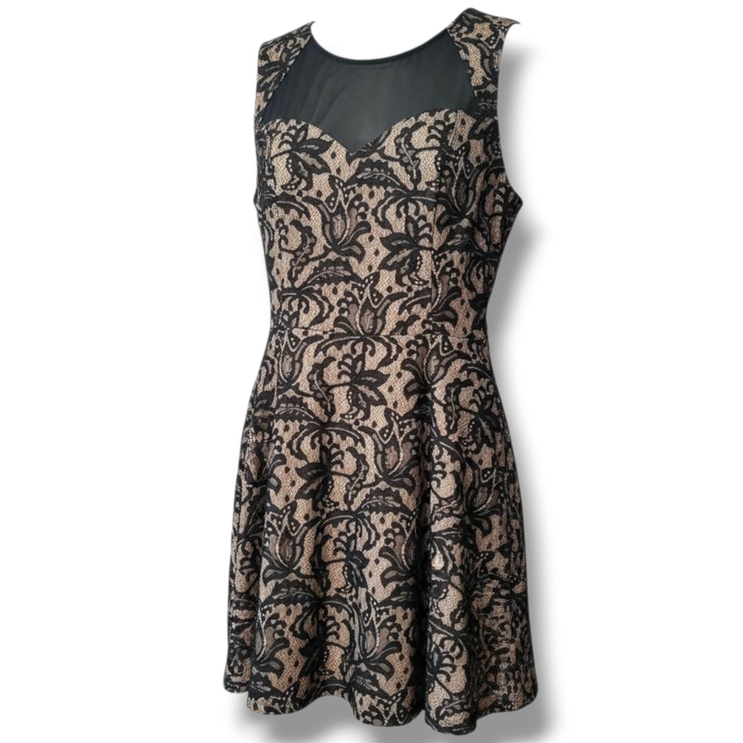 Heart & Soul Women’s Black Lace Overlay Illusion Sweetheart Skater Dress