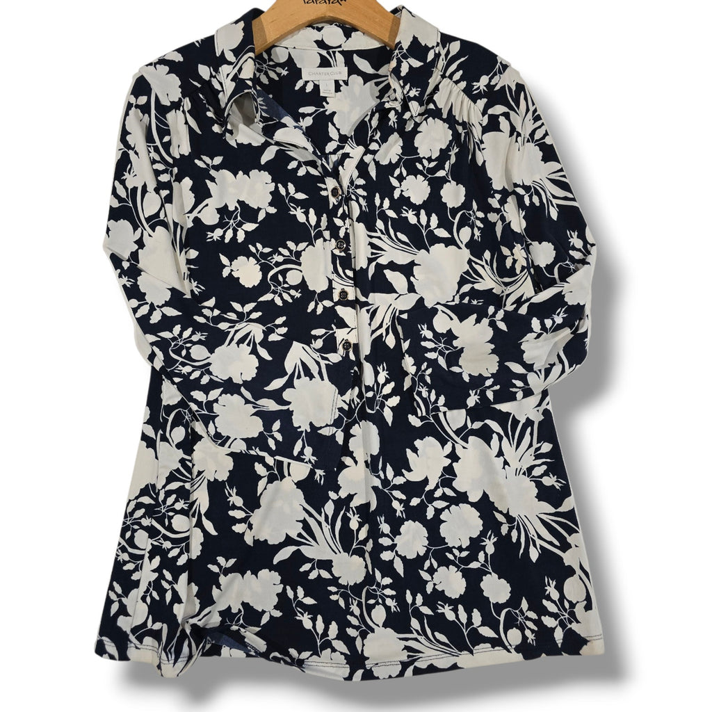 Charter Club Women’s Floral Print Blouse Midnight Blue White Button Front Top L