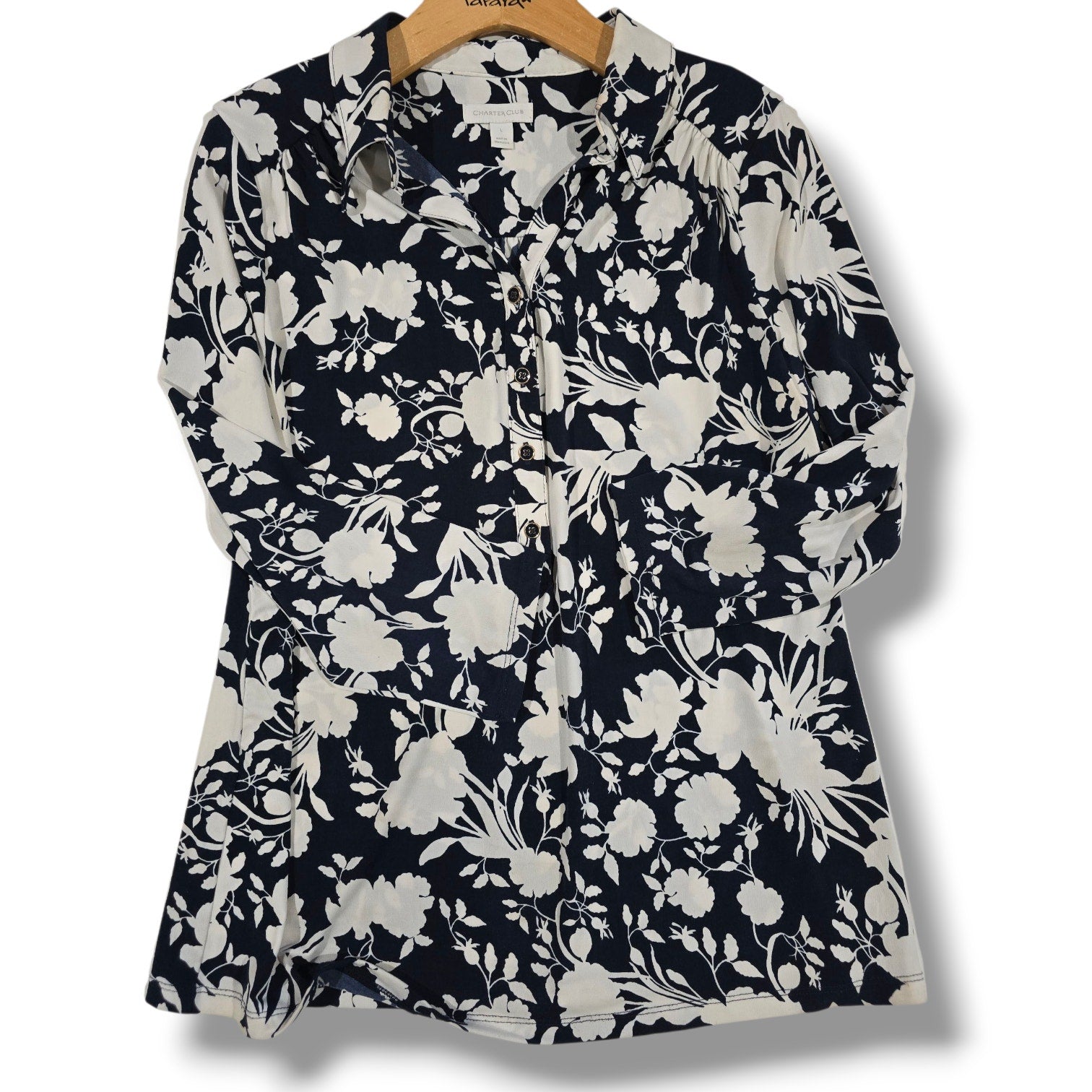 Charter Club Women’s Floral Print Blouse Midnight Blue White Button Front Top L