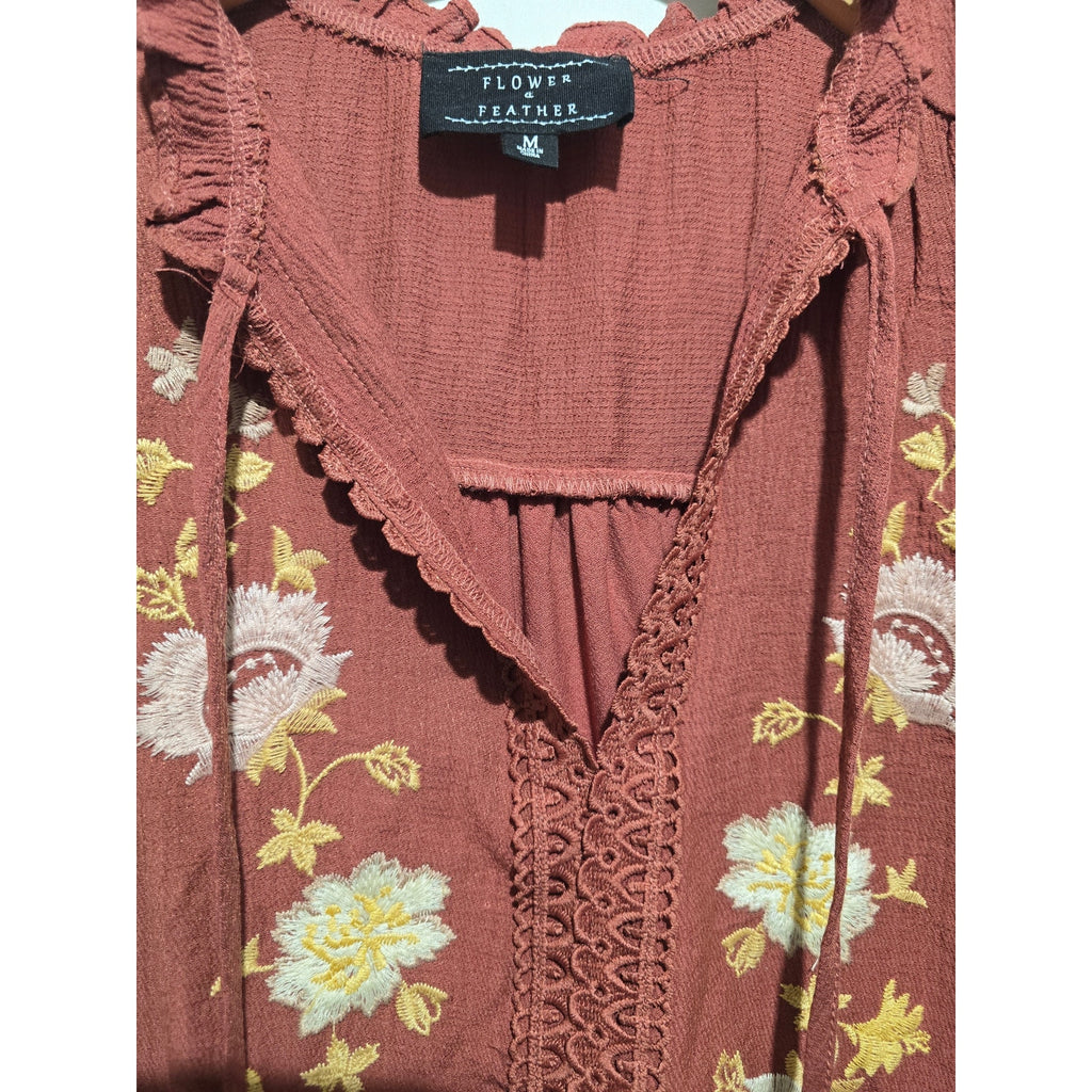 Flower & Feather Women's Medium Rust Terracotta Embroidered Flutter Sleeve Top