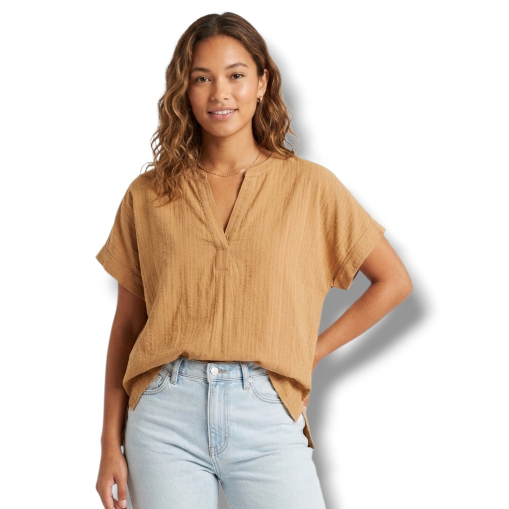 Matty M Women's Large Tan Textured 100% Cotton Split V-Neck Blouse Top