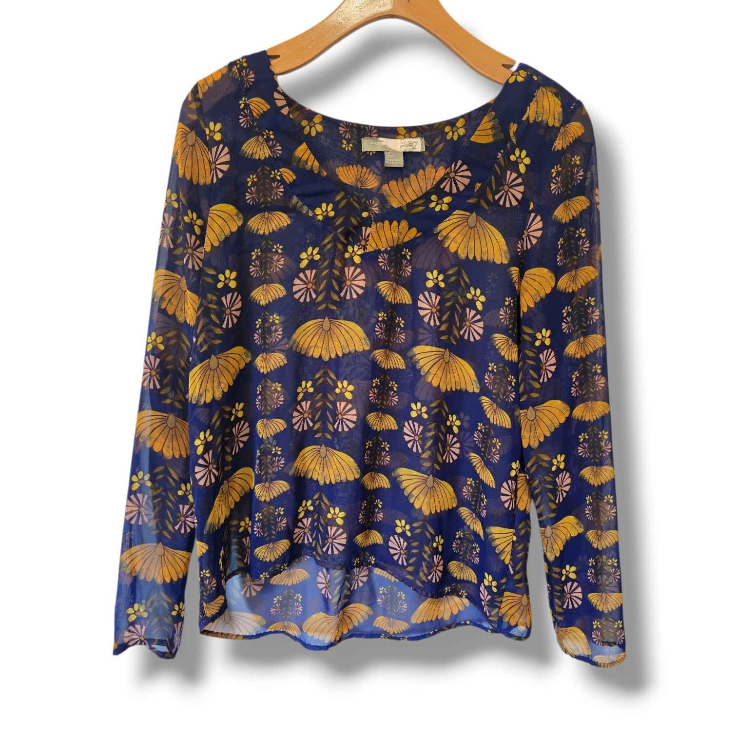 Love 21 women's Forever 21 Blue Retro Floral Sheer Chiffon Blouse – Small