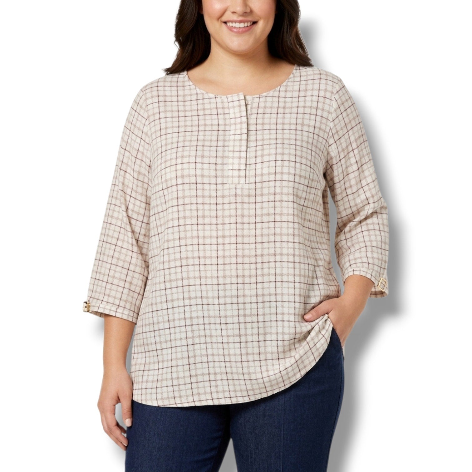 Liz Claiborne Women's Large cream Burgundy Plaid 3/4 Sleeve Blouse Top