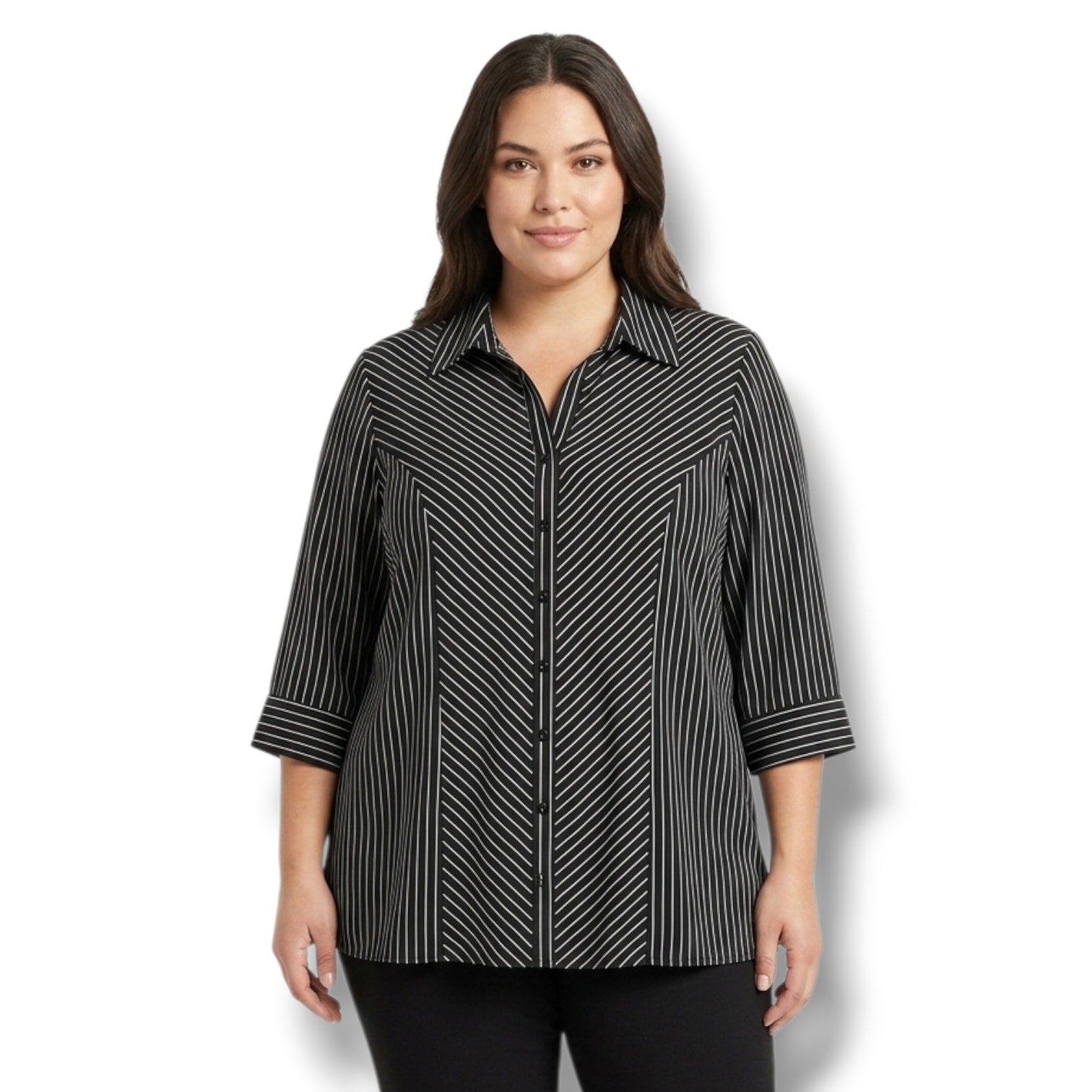 Dressbarn Woman Black White Chevron Pinstripe Button Down Shirt Estimated 1X
