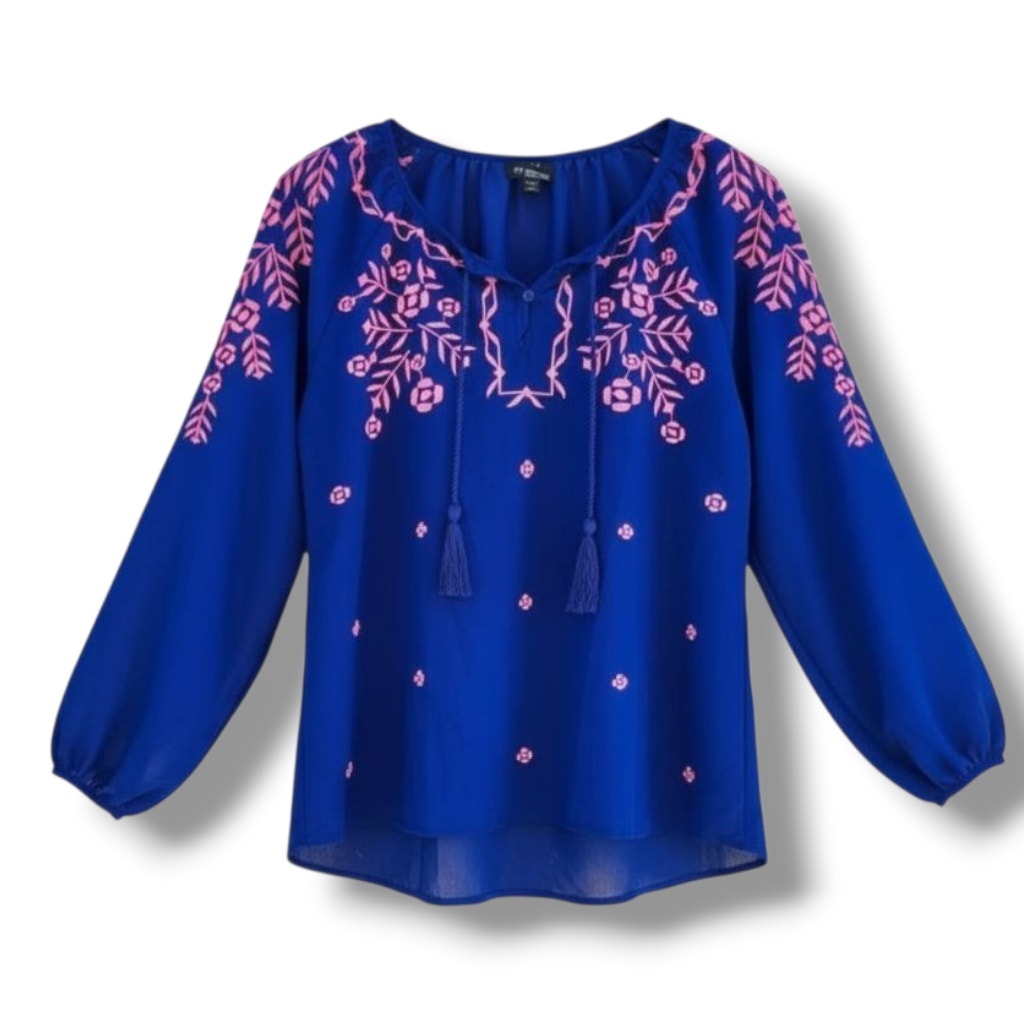 Rue 21 Women’s Blue Embroidered Boho Peasant Blouse Small Semi-Sheer Gently Used
