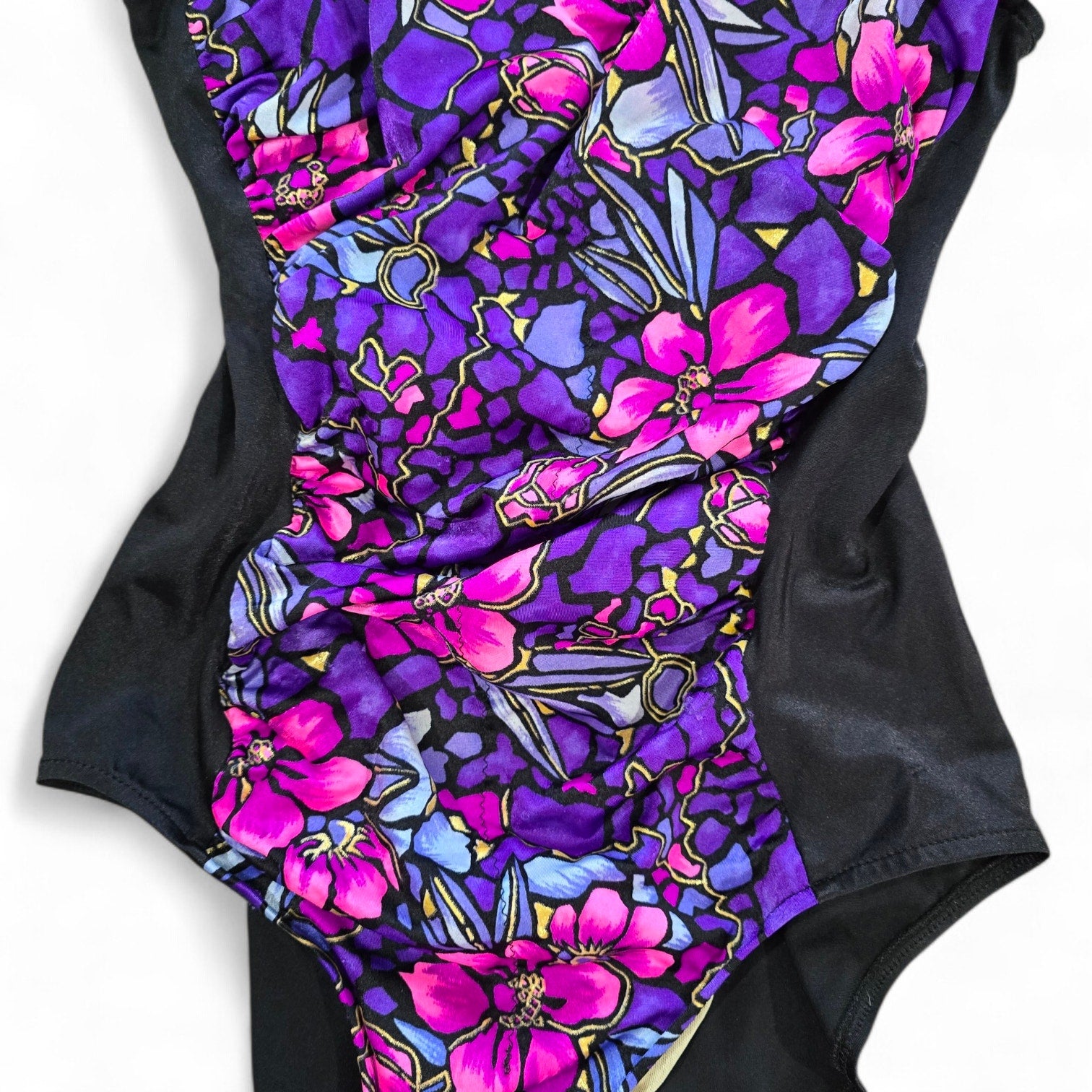 Vintage Maxine of Hollywood Purple Floral Ruched One Piece Swimsuit 16