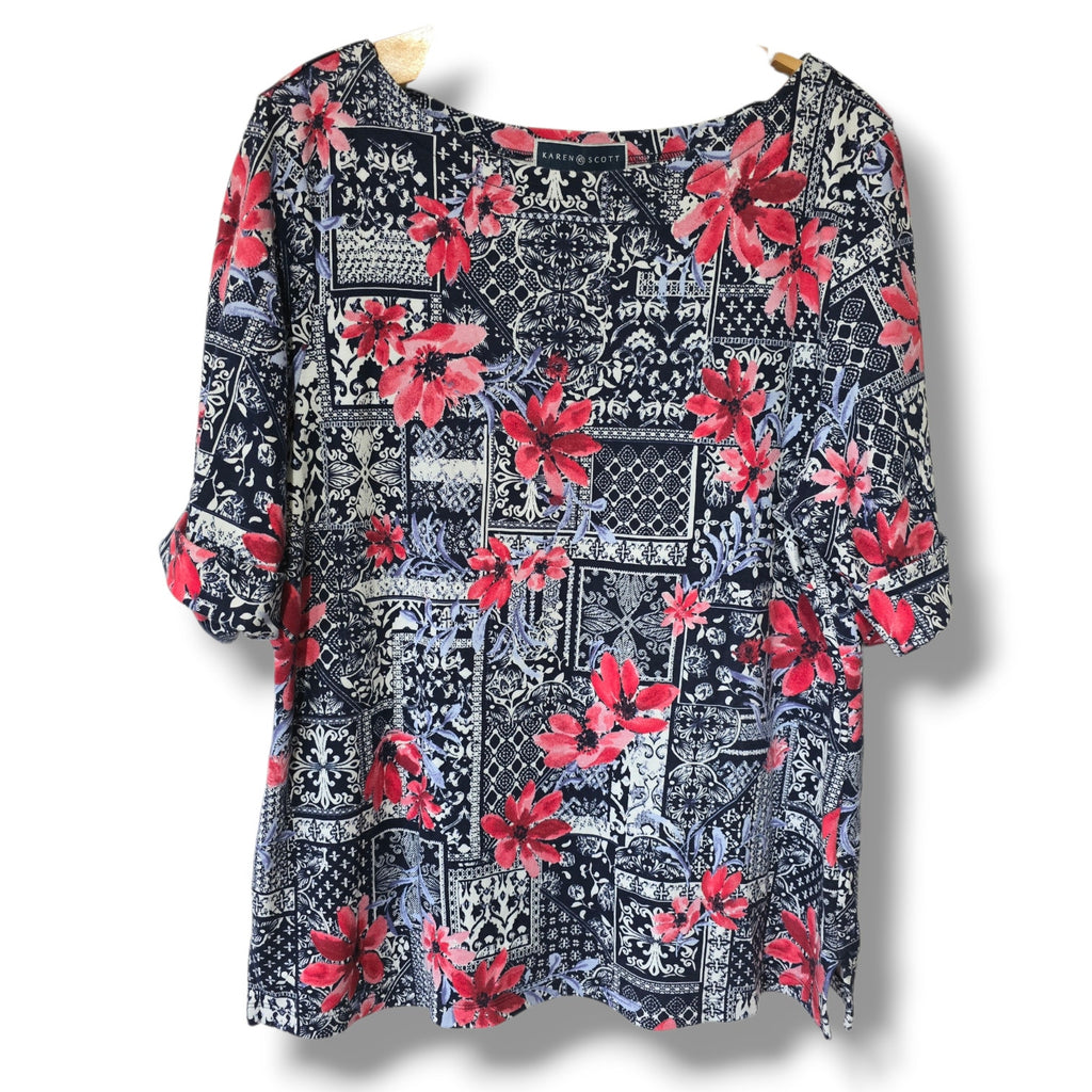 Karen Scott women's Navy & Pink Patchwork Floral Boat Neck Top – Size XL