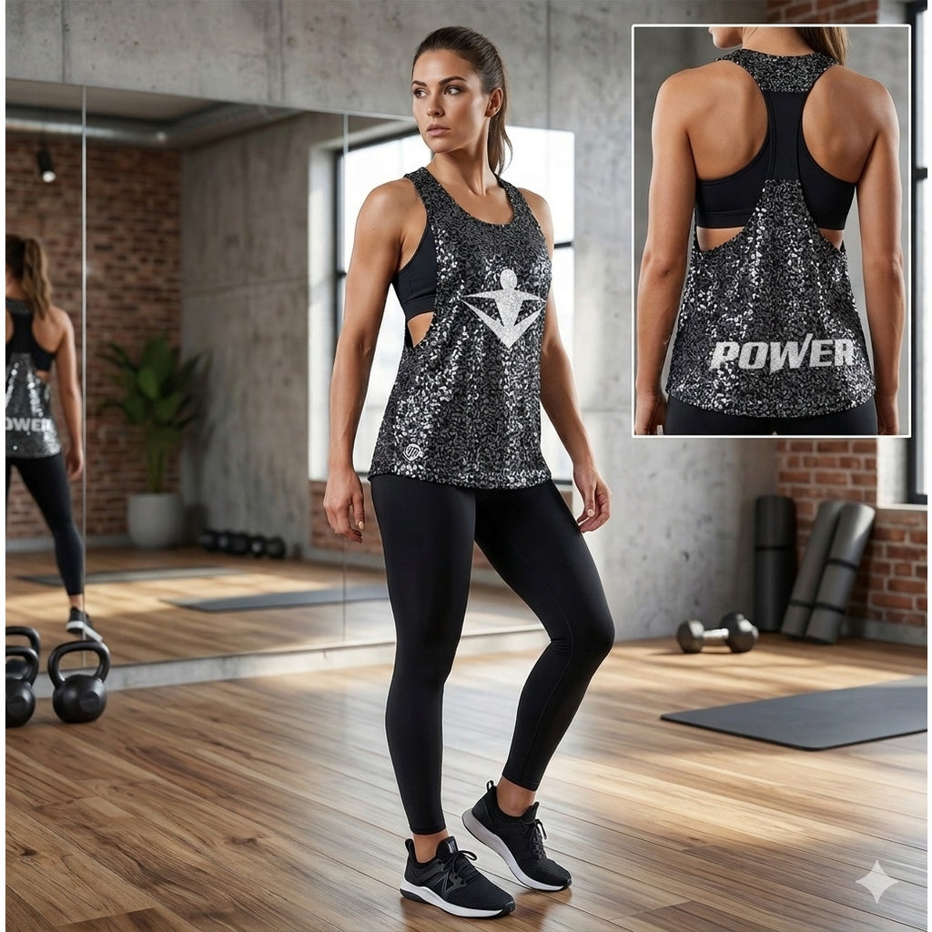 Innovative Spiritwear Sequin POWER Tank Top Women’s Small Gray Black Shimmer