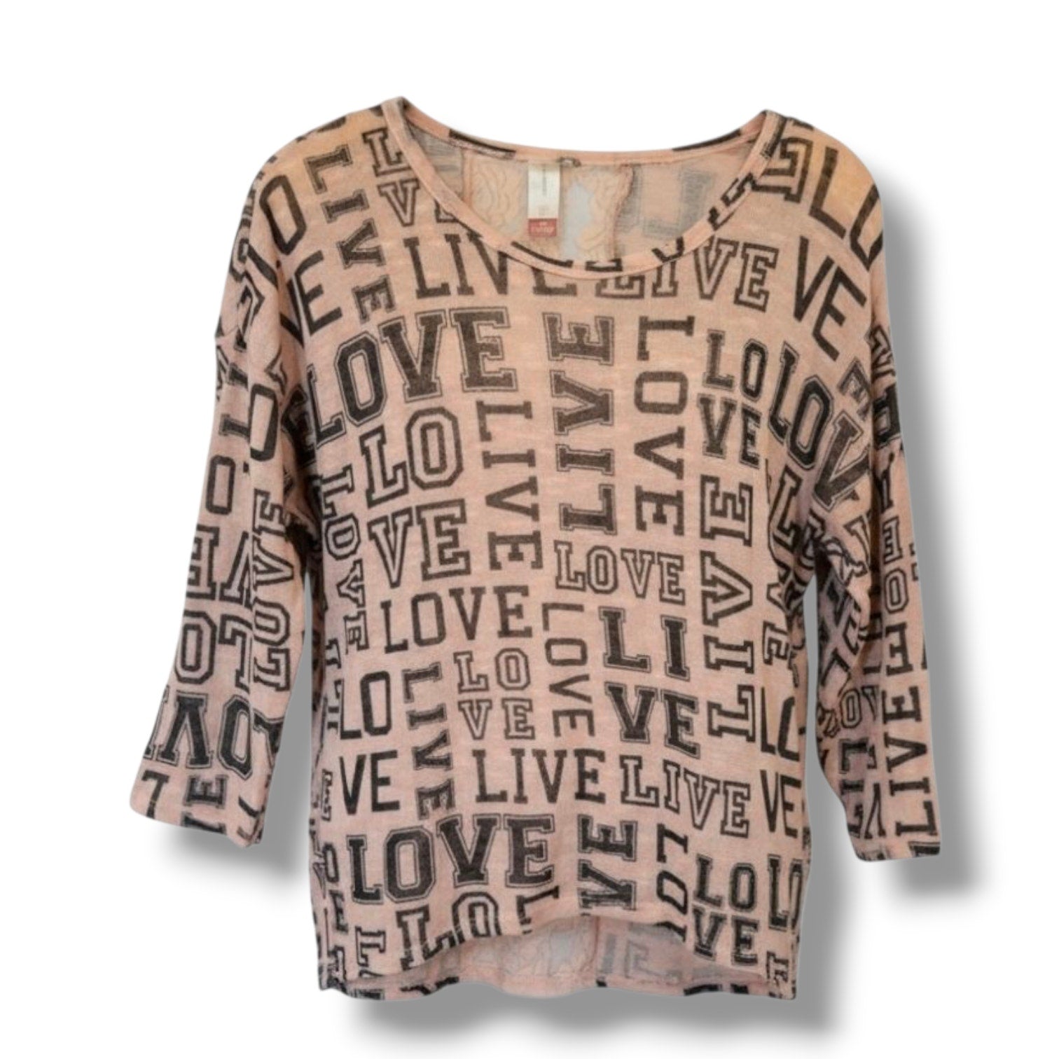 No Boundaries Juniors Pink LOVE Print Pullover Sweater – Lace Back, Size Large