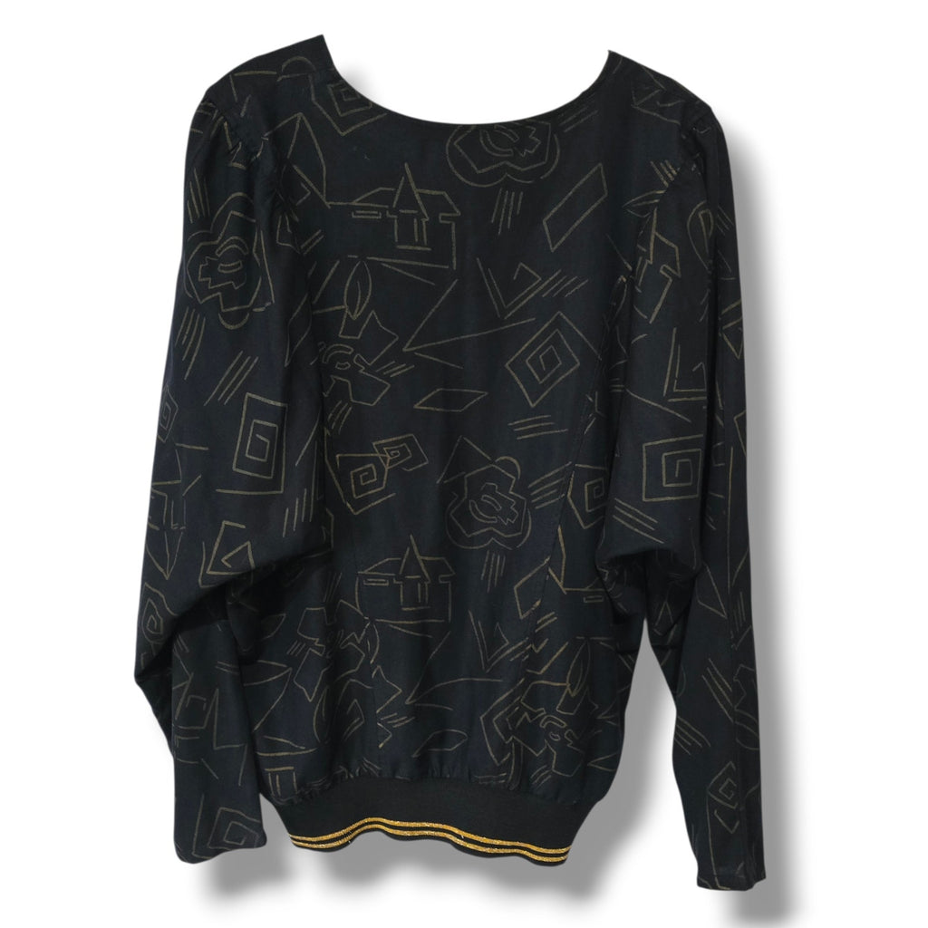 Vintage Ms. Paquette California Black & Gold Geometric V-Neck Blouse Medium
