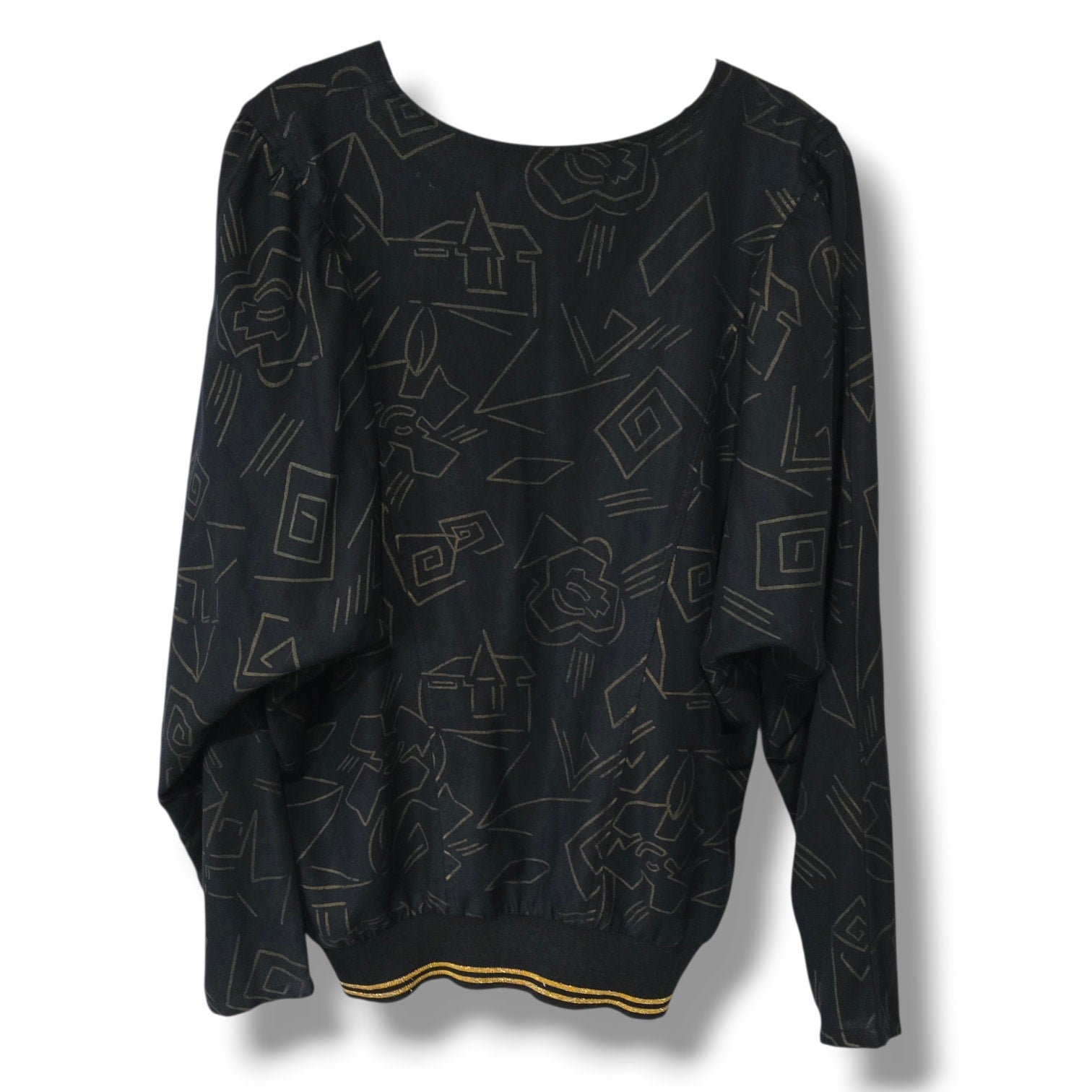 Vintage Ms. Paquette California Black & Gold Geometric V-Neck Blouse Medium