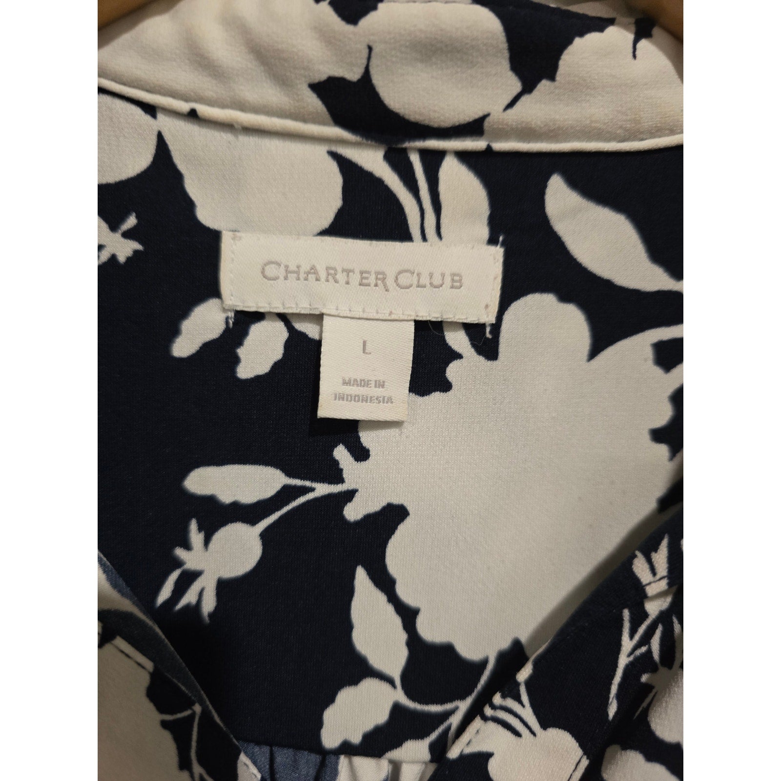 Charter Club Women’s Floral Print Blouse Midnight Blue White Button Front Top L