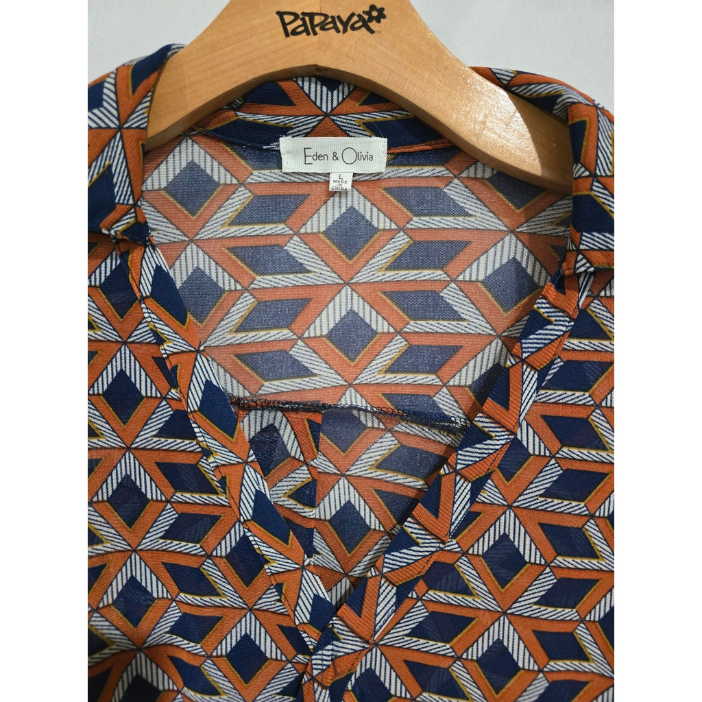 Eden & Olivia Geometric Print Faux Wrap Collared Blouse