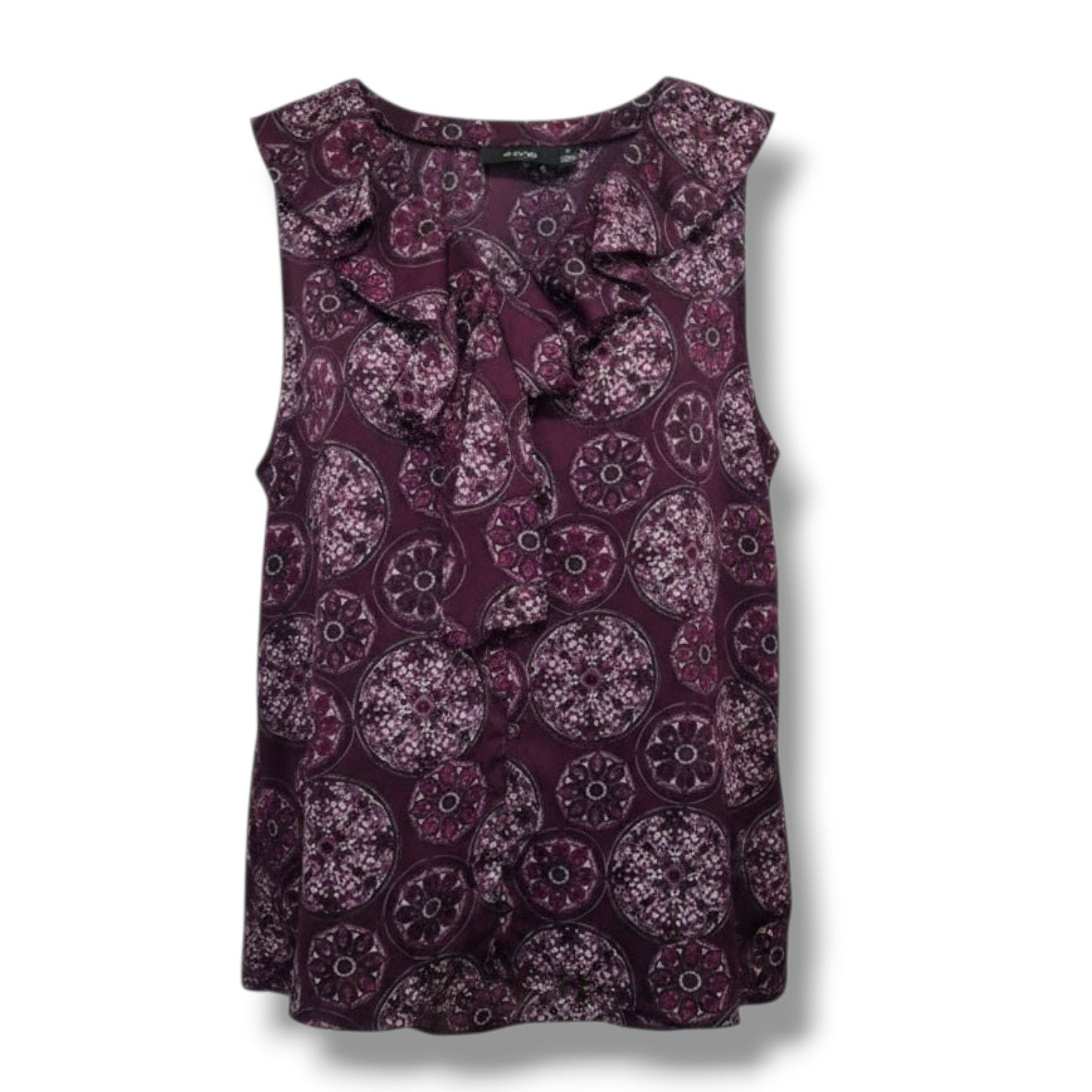 Apt. 9 Women's Tie Neck Blouse Medium Button Front Ruffle Sleeveless Plum Print