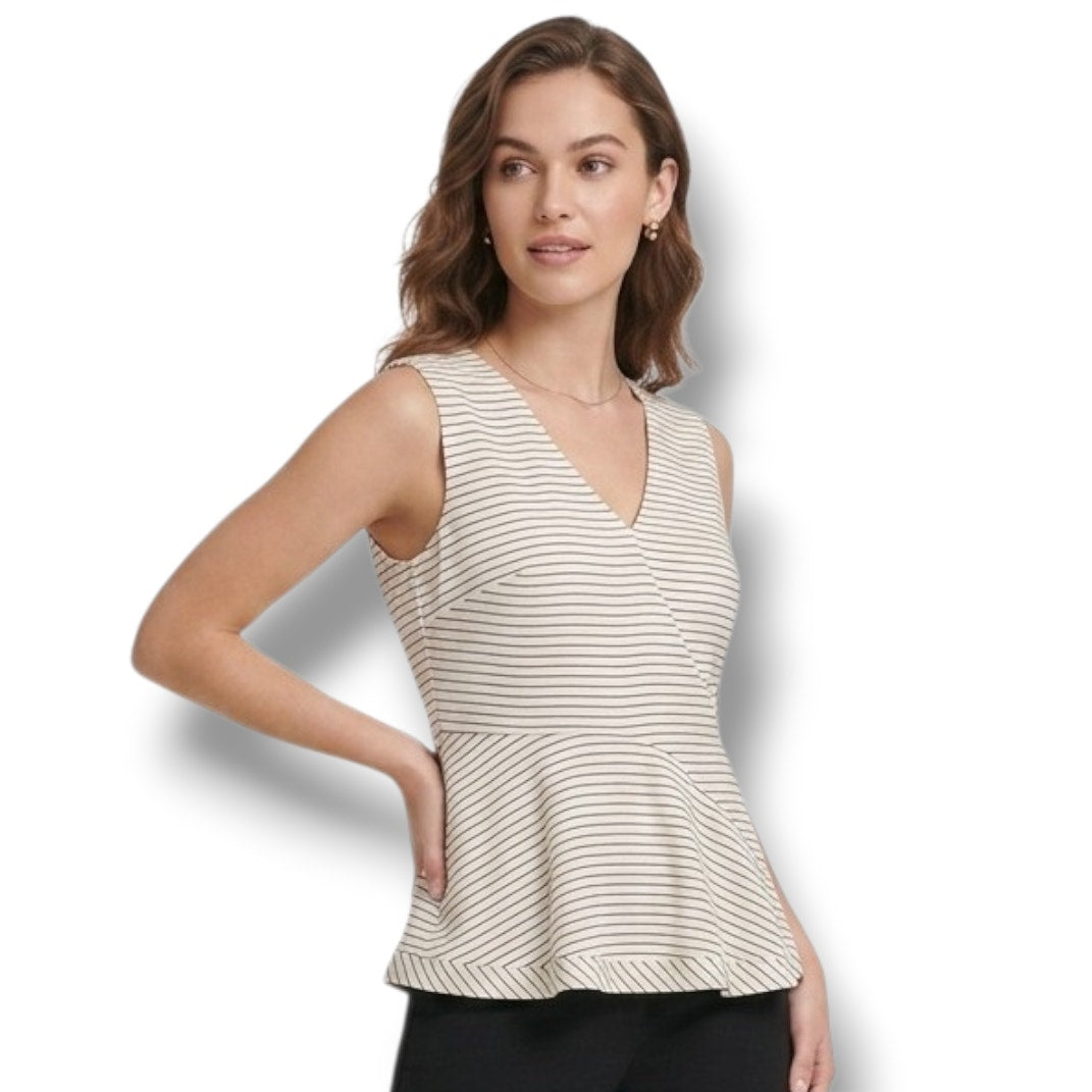 DKNY Women’s Ivory and Black Striped Sleeveless Peplum Blouse – Size 10