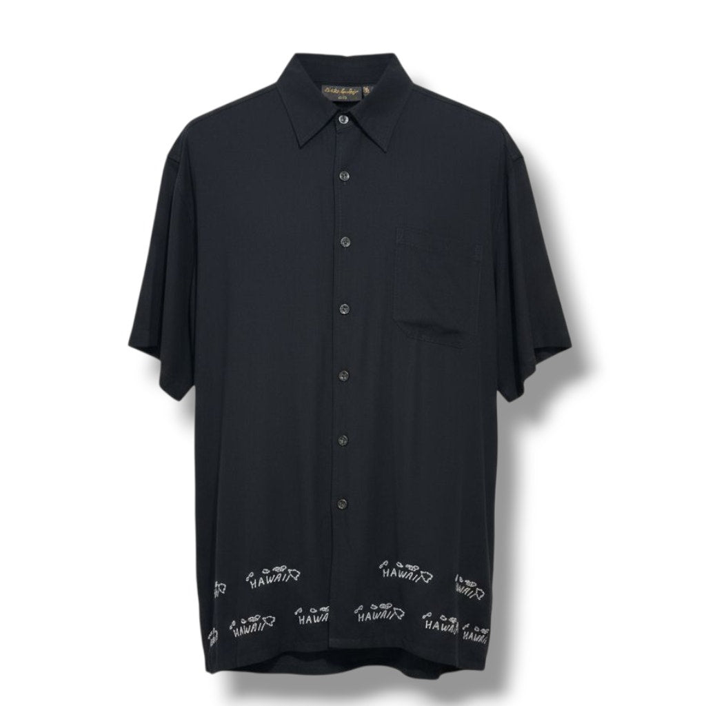 Vintage Hawaiian Shirt Leila Kew Len Designs Black Embroidered Button-Down xl