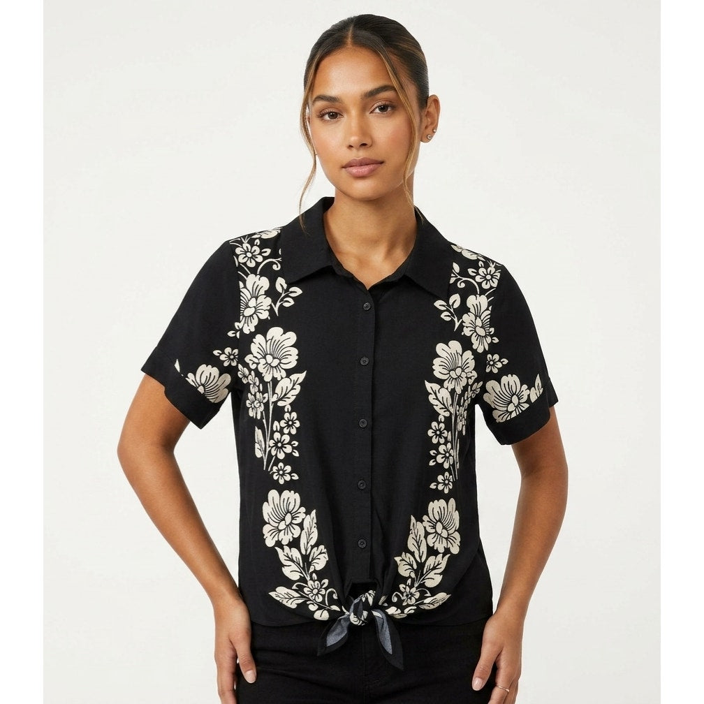 Rich & Famous Black Floral Button-Front Tie Hem Top – Size Large