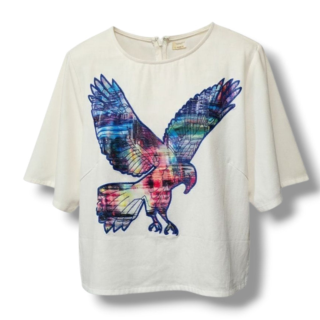 Mustard Seed Women’s Ivory Cropped Top w/ Colorful Eagle Graphic | Size L