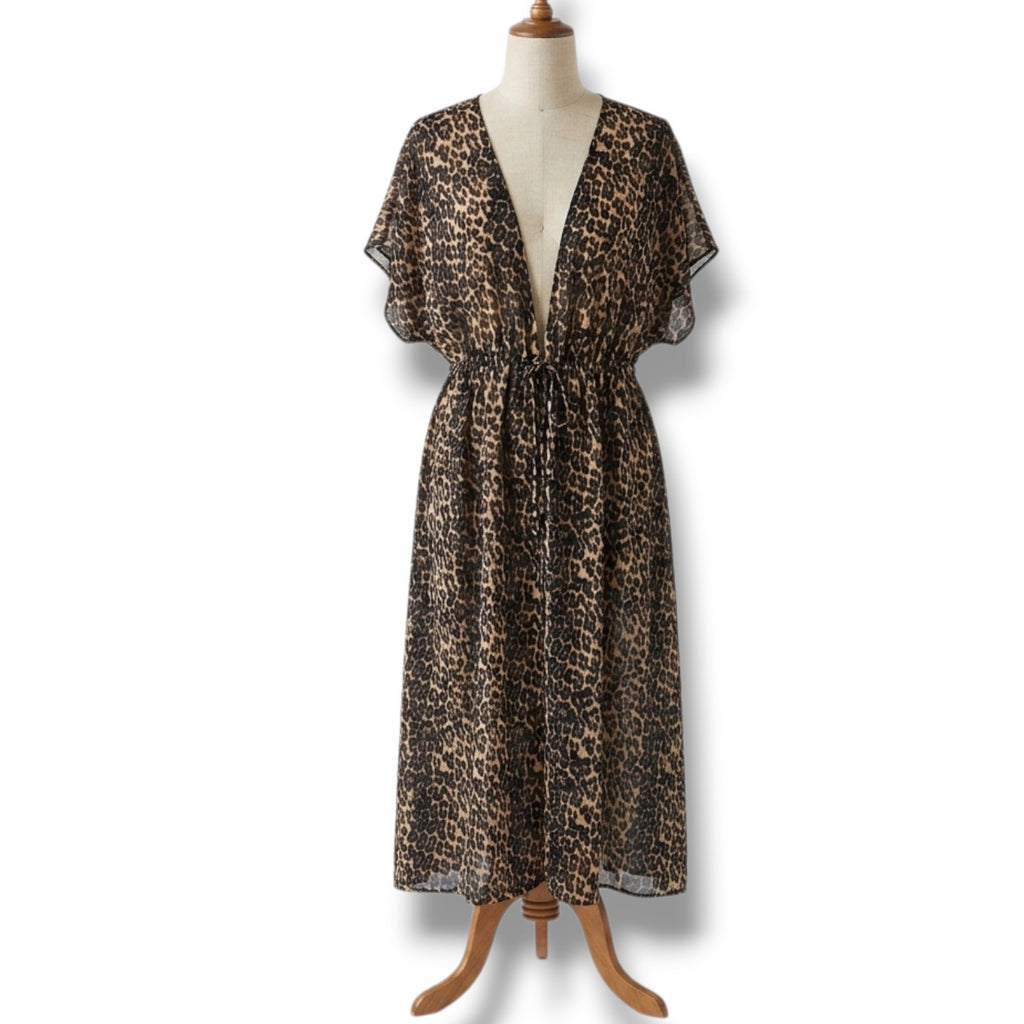 Sheer women's Leopard Print Open-Front Maxi Duster Kimono