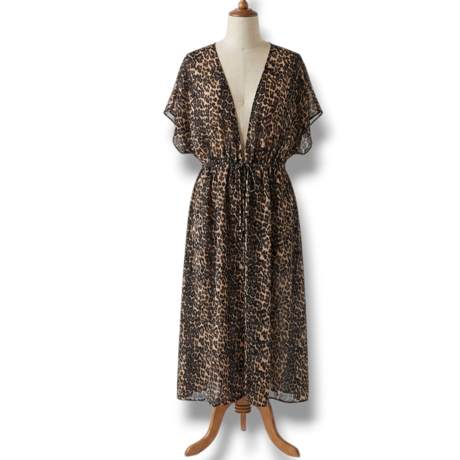 Sheer women's Leopard Print Open-Front Maxi Duster Kimono