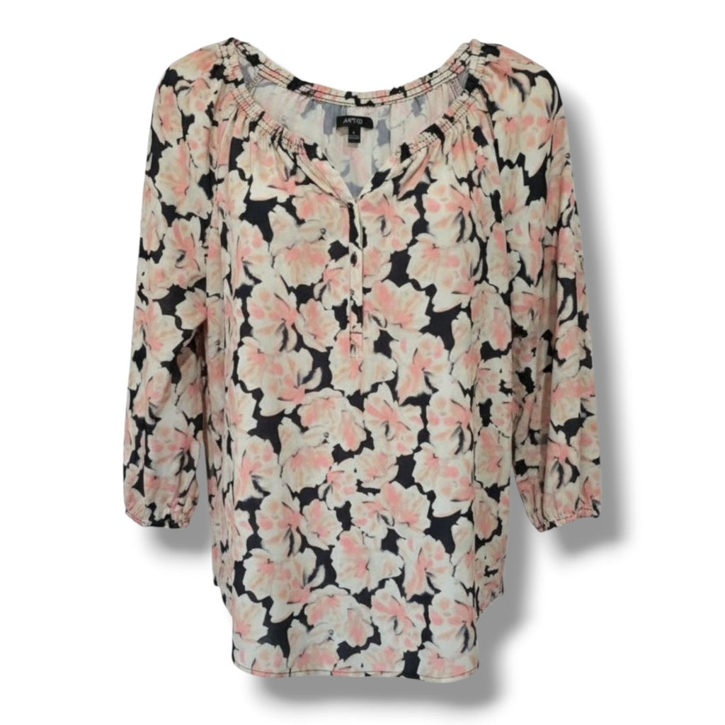 Apt. 9 Womens Large Multicolor Floral Quarter Button Long Sleeve Pullover Blouse