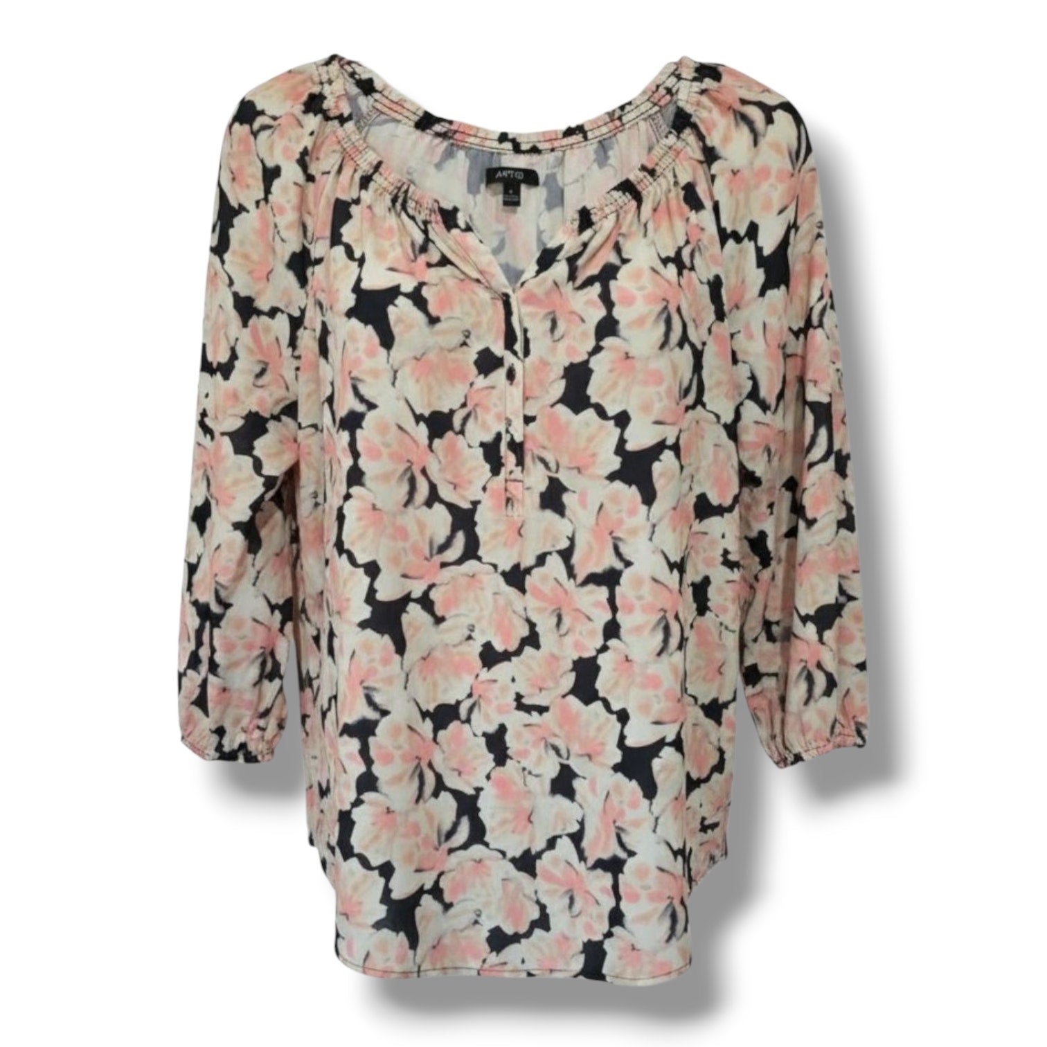 Apt. 9 Womens Large Multicolor Floral Quarter Button Long Sleeve Pullover Blouse