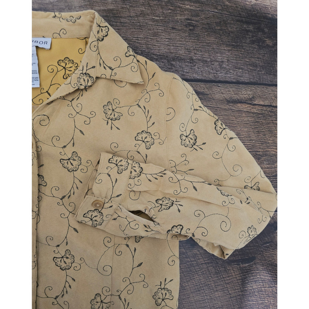 Sag Harbor Mustard Yellow Floral Embroidered Faux Suede Button Down top Large