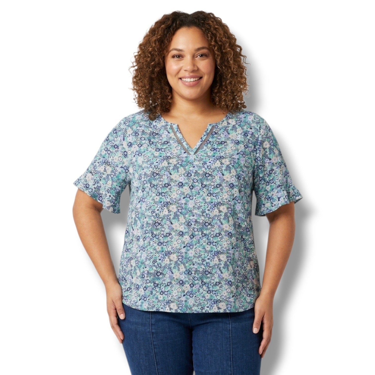 Roz & Ali Women's Size XL Blue Green Floral Flutter Sleeve Blouse Top