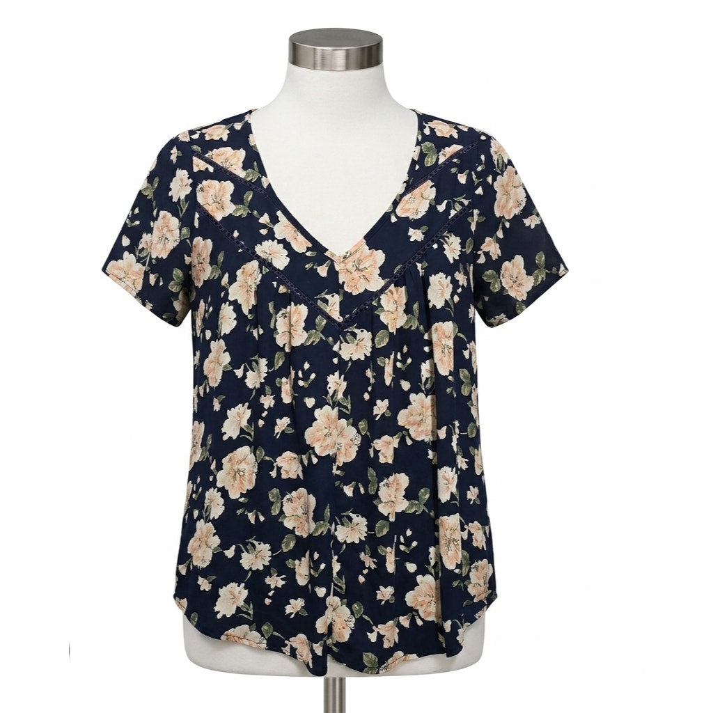 Sienna Sky Women's Size Small Navy Blue Peach Floral Crochet Trim V-Neck Blouse