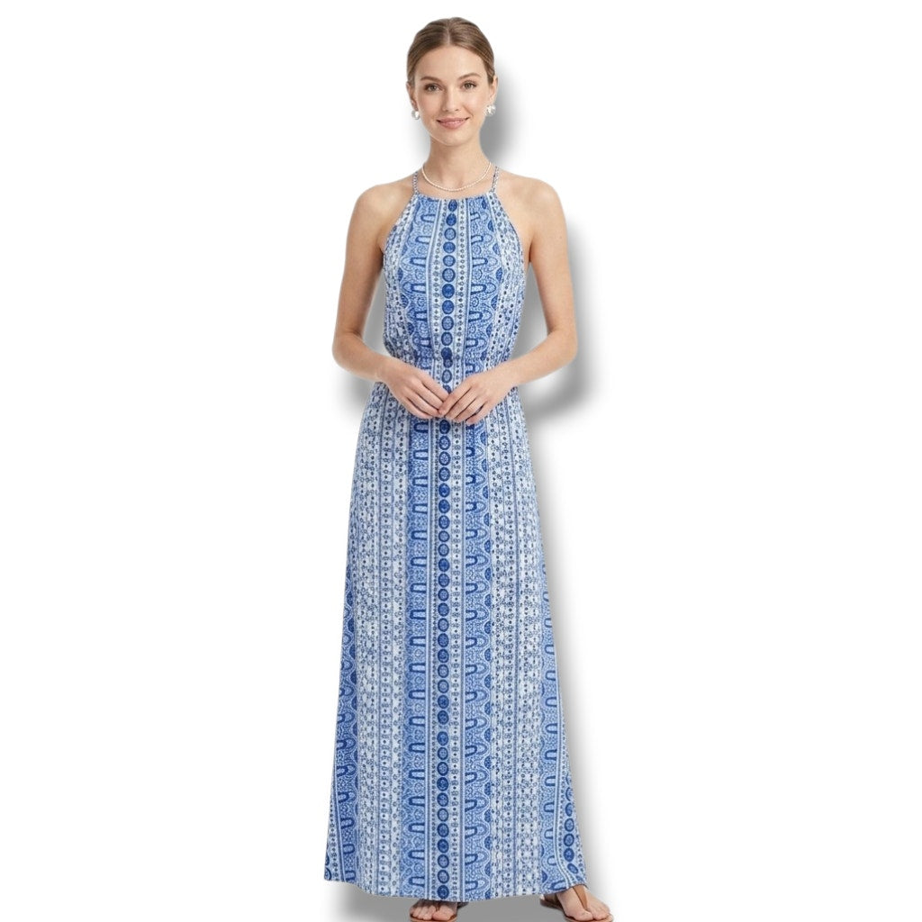 Japna Women’s Blue Multi-Print Sleeveless Maxi Dress with Keyhole Neckline – XS