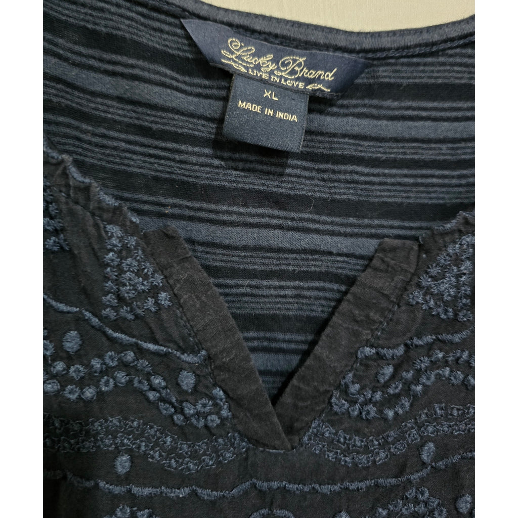 Lucky Brand Embroidered Panel Stripe 3/4 Sleeve Blouse