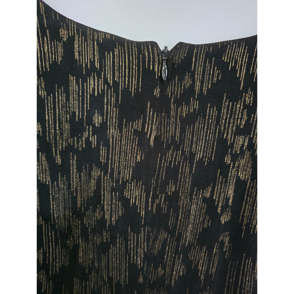 Caché Black & Metallic Gold Shimmer Ruched Faux-Wrap Dress – Large