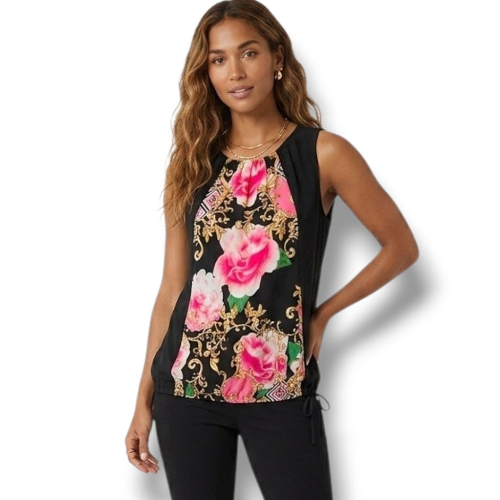 New York & Company Women’s Black Pink Floral Sleeveless Blouse – XS Gently Used