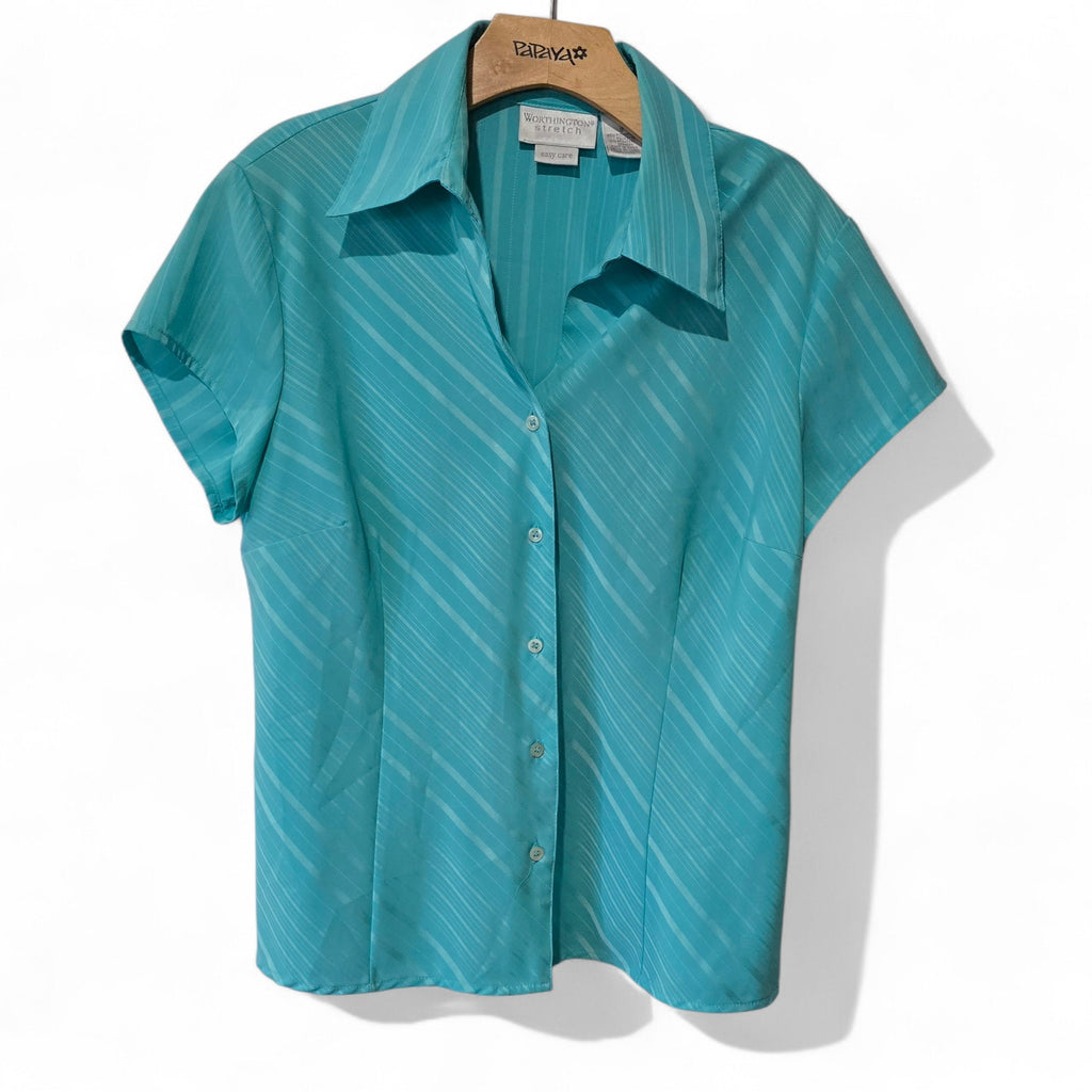 Worthington Teal Aqua Diagonal Stripe Short Sleeve Button Down Blouse Size 8