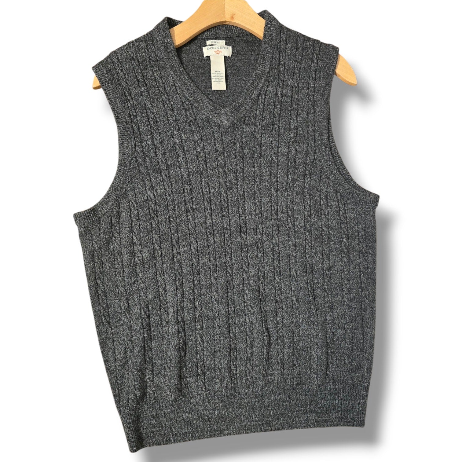 Dockers Men's Size M Charcoal Gray Heather Cable Knit V-Neck Sweater Vest