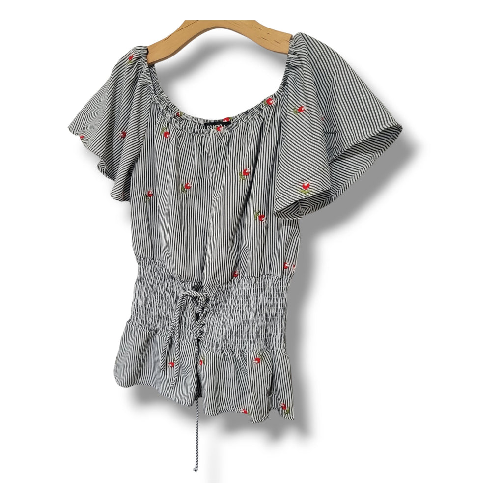 Kontrol Contemporary women's embroidery Roses & smocked tie- up waist blouse