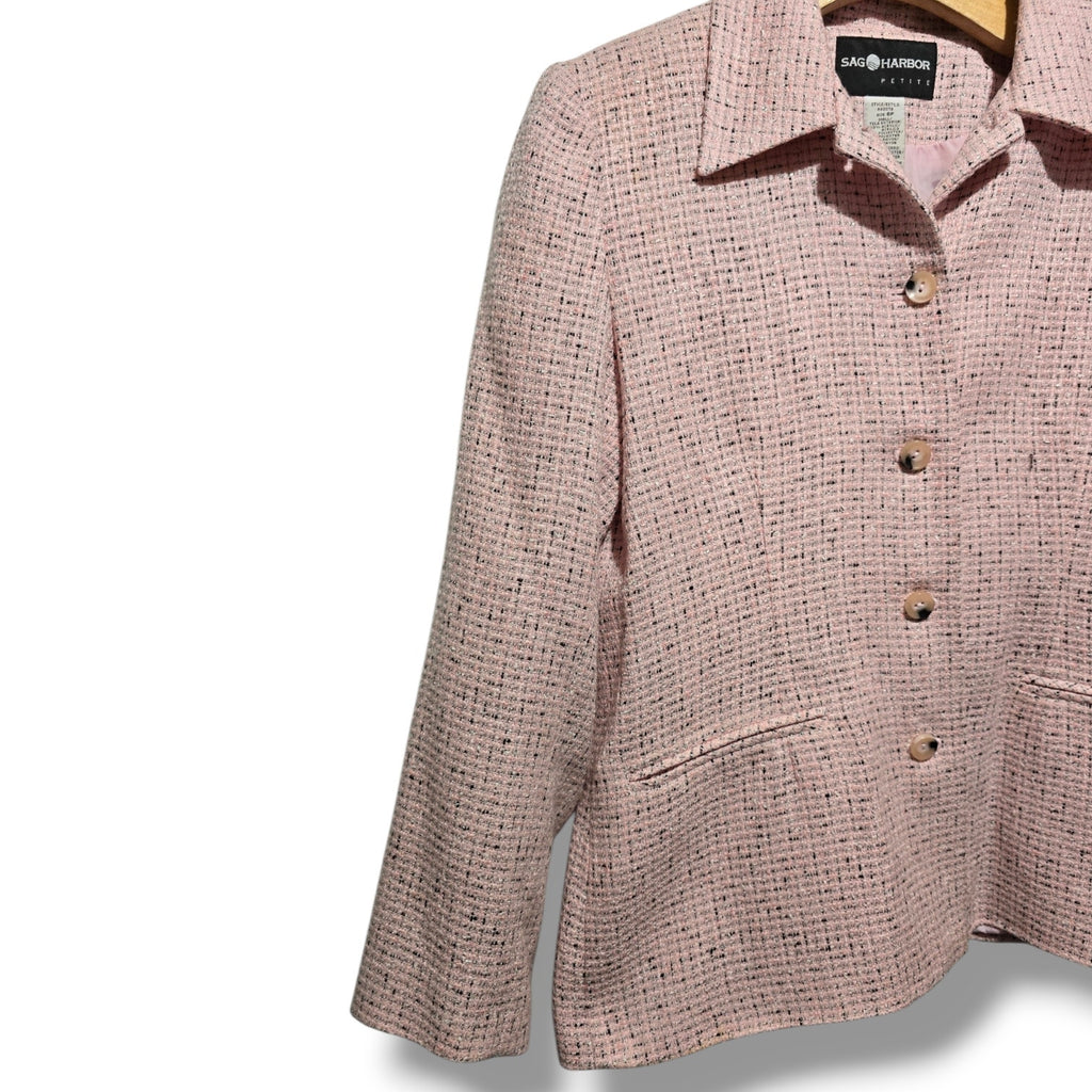 Sag Harbor Petite Women's Size 6P Soft Pink Black Tweed Button Front Blazer