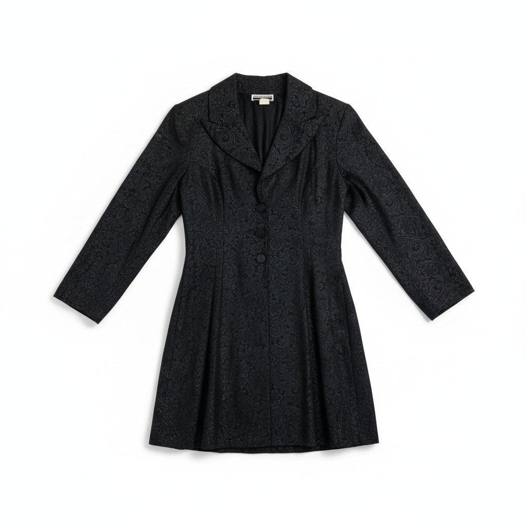 CONTEMPO CASUALS Vintage Black Damask Floral Jacquard Longline Blazer Small