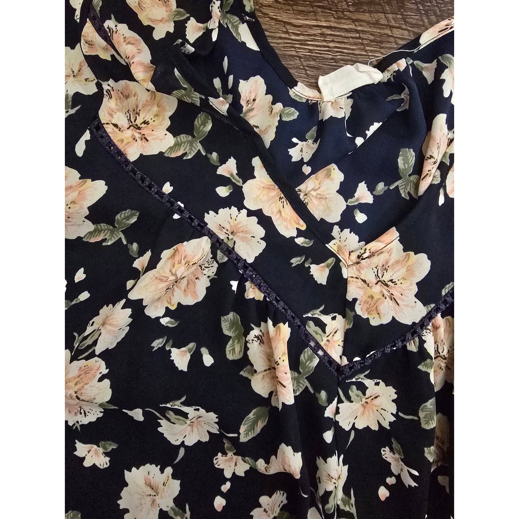 Sienna Sky Women's Size Small Navy Blue Peach Floral Crochet Trim V-Neck Blouse