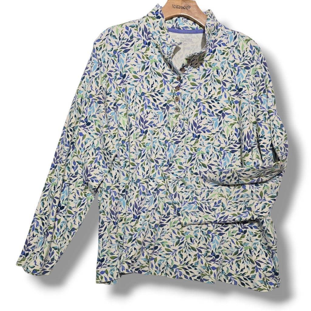 Appleseed's women's plus size Blue & Green Leaf Print Mock Neck Henley Top- 2x