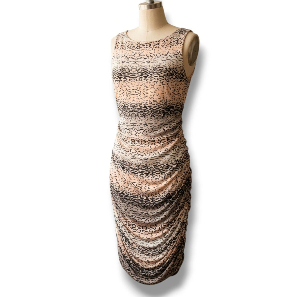 Caché Ombre Snow Leopard Animal Print Ruched Bodycon Sheath Dress Medium