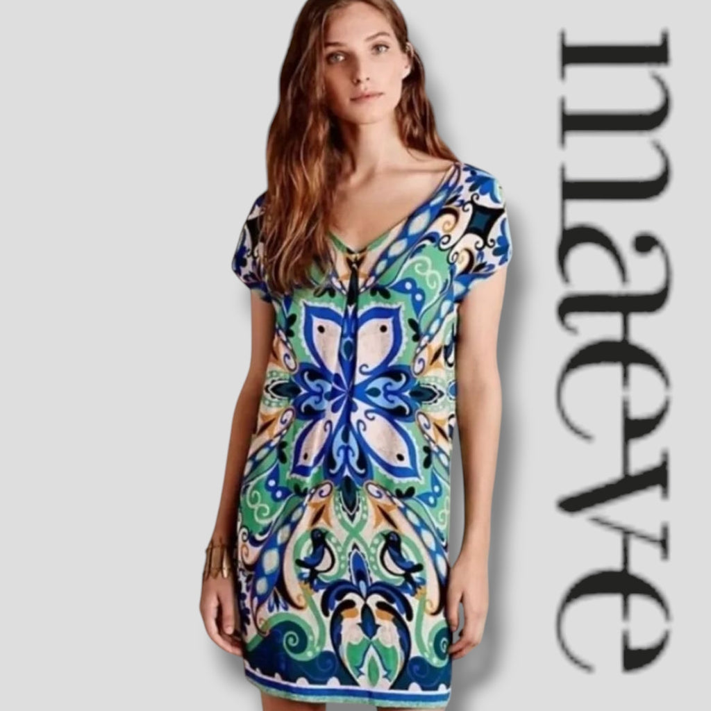 Anthropologie Maeve Women’s Blue Green Folksong Bird Shift Dress – Small