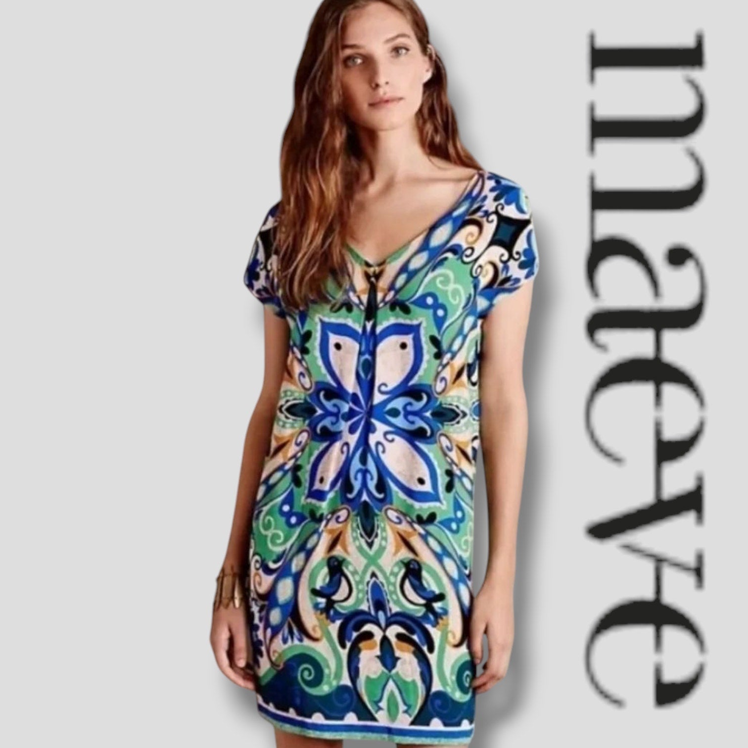 Anthropologie Maeve Women’s Blue Green Folksong Bird Shift Dress – Small