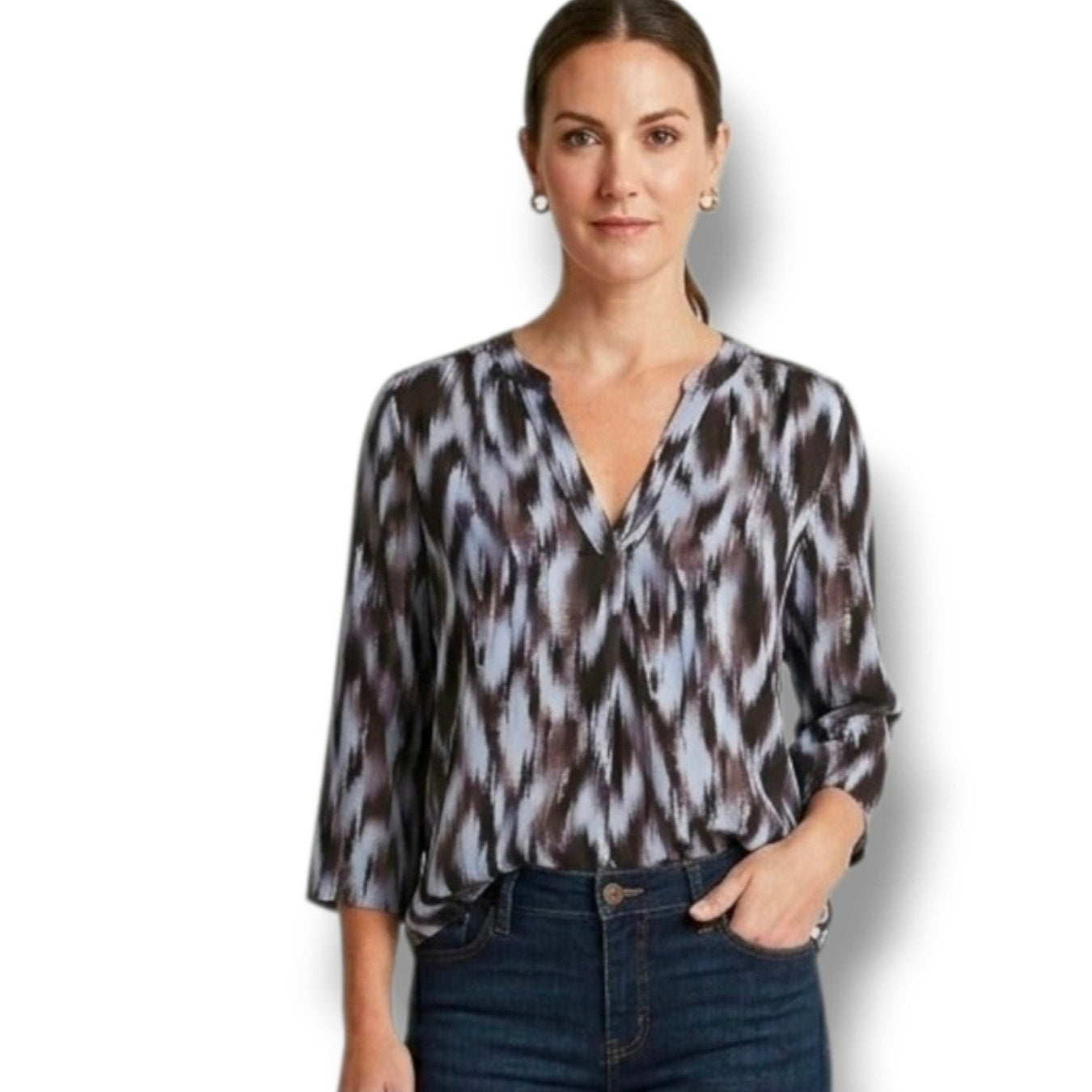 a.n.a A New Approach Black White Abstract Blouse Women’s Small 3/4 Sleeve